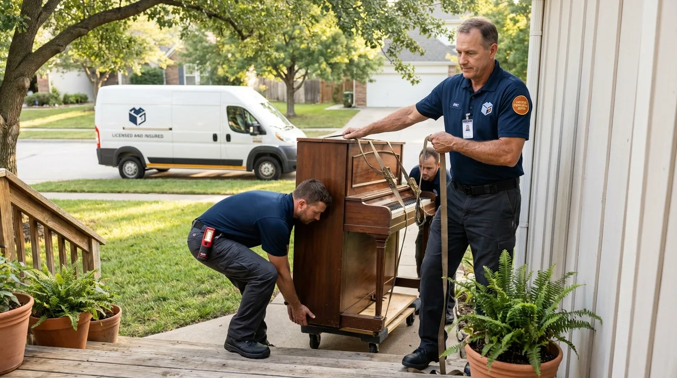 Licensed piano movers securing grand piano in Sandwich, MA