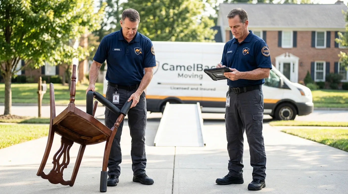 Movers inspecting furniture for damage prevention before loading in Sandwich, MA