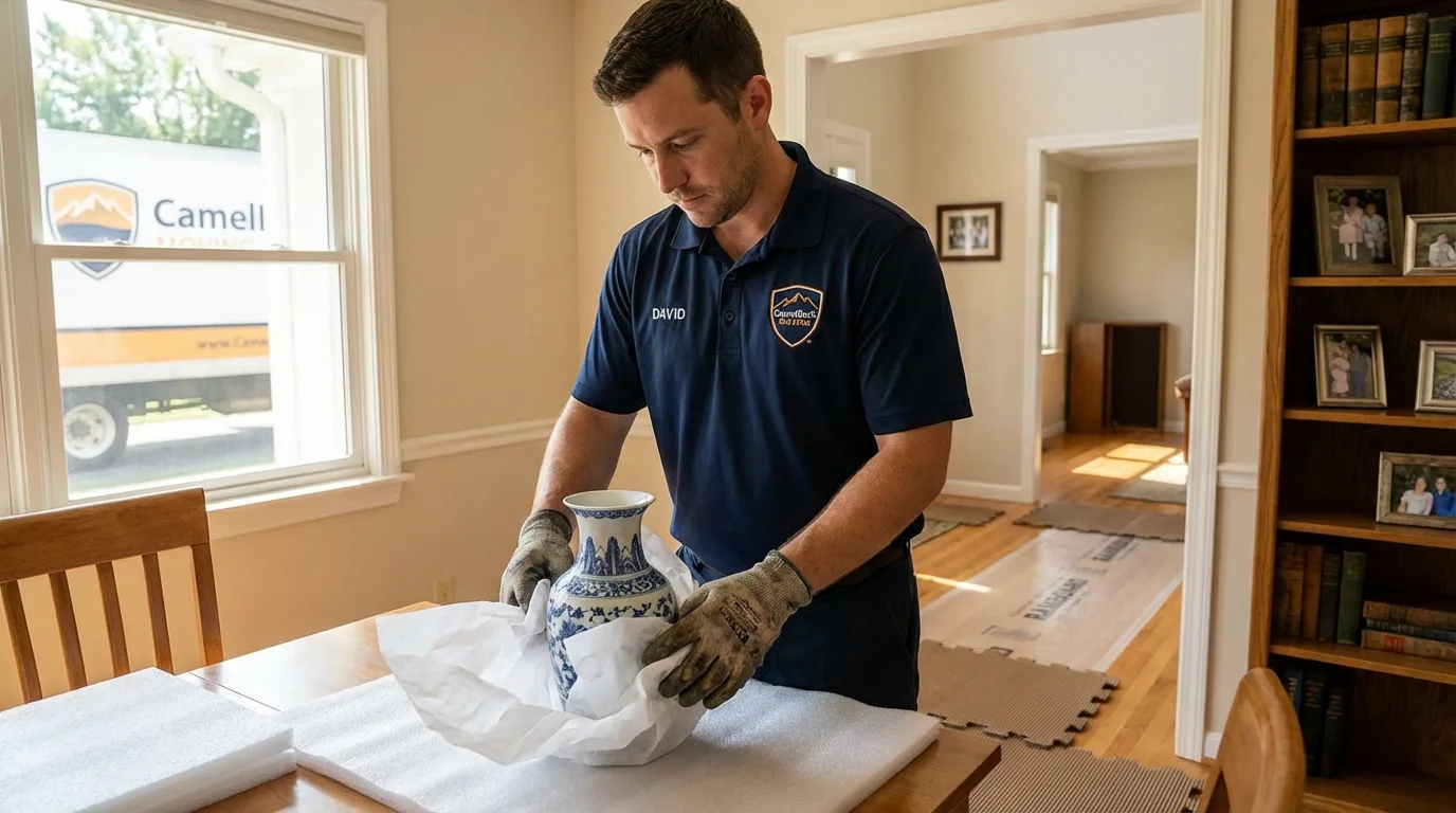 Professional crew carefully wrapping antique vase for senior downsizing move in Sandwich, MA