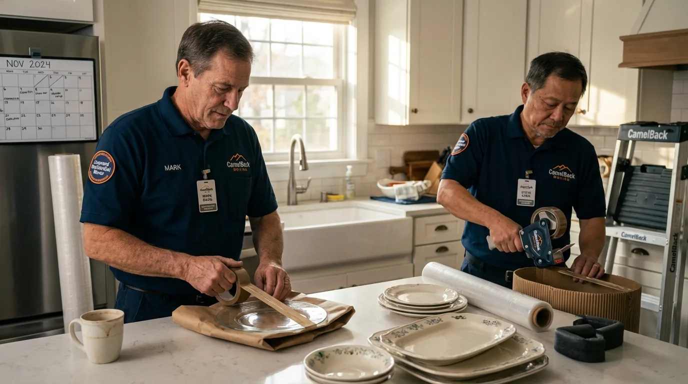 Professional crew packing kitchen dishware in Sandwich, MA